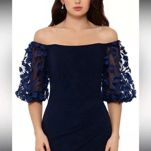 Xscape - Off-The-Shoulder Floral-Sleeve Gown - Navy Blue - Size 4P - EUC!! - Picture 5 of 16